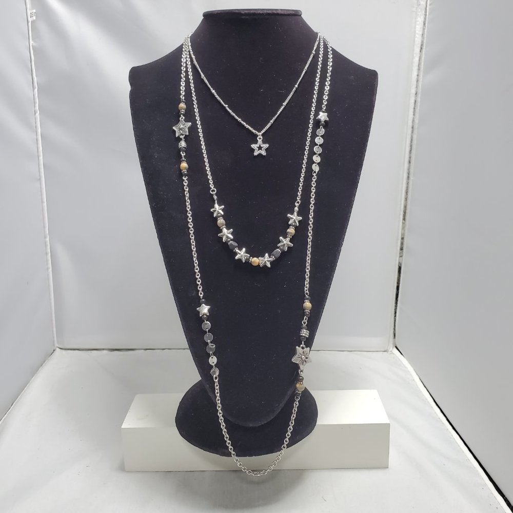 Ruff Hewn silver star triple layer necklace with charms